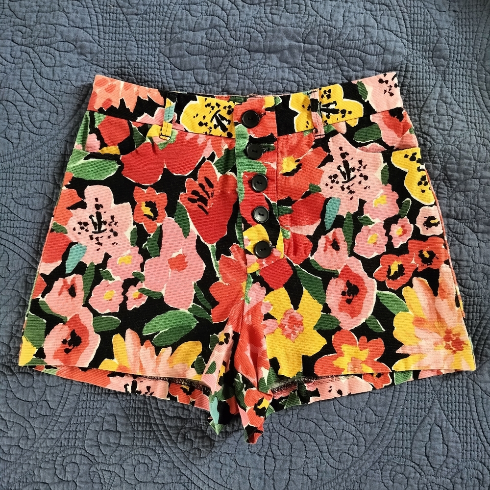Zara Multicolor Floral High Waist Button Shorts Size S:Small (Flower, Corduroy)